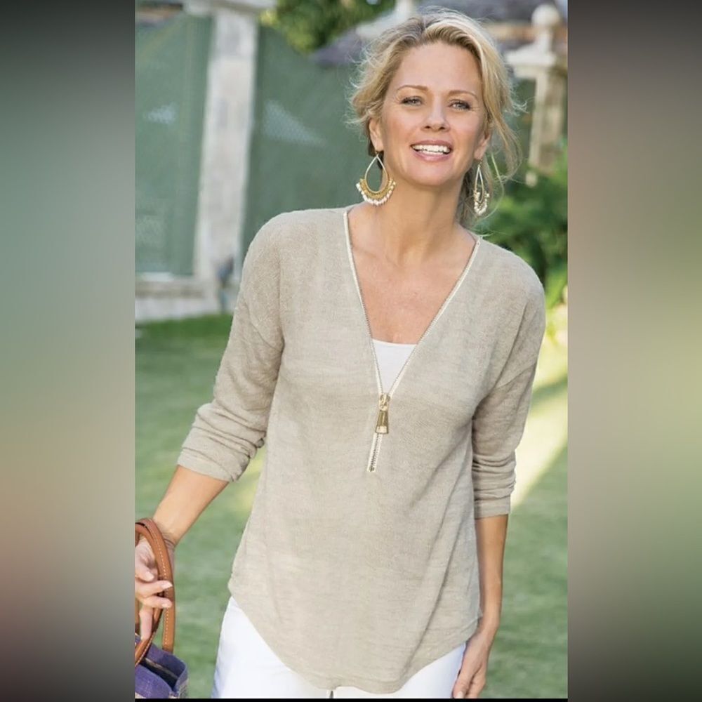 Soft Surroundings Stone Beige Valentina Oversized Gold Zipper Sweater, Medium